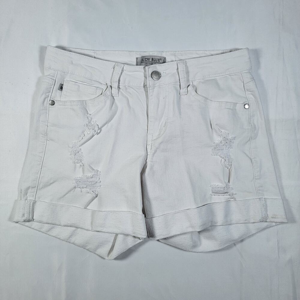 Judy Blue White Distressed Denim Shorts Cuffed Boyfriend Fit High Rise 27 Women